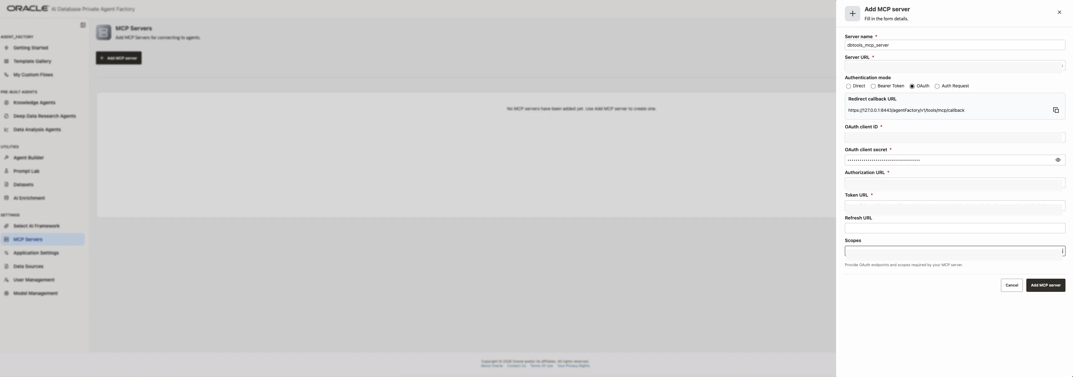 Add Database Tools MCP Server in Agent Factory