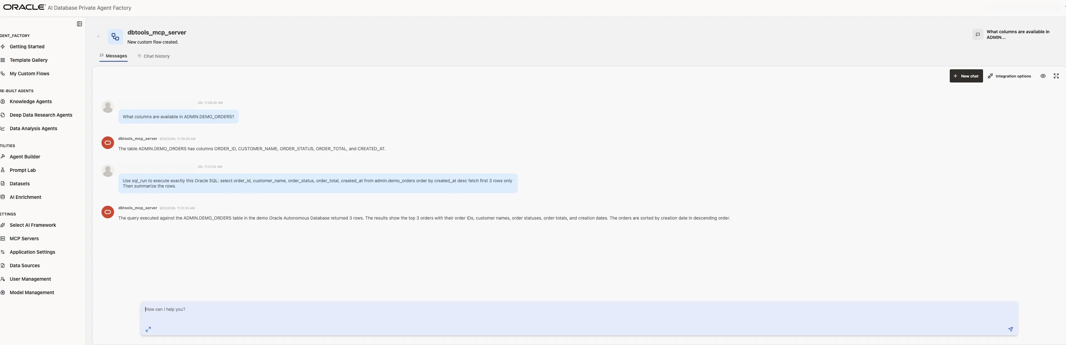 Agent chat demo using Database Tools MCP SQL tools